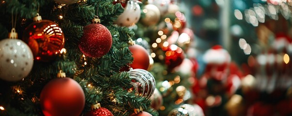 Christmas tree decorated with colorful shiny baubles and string lights