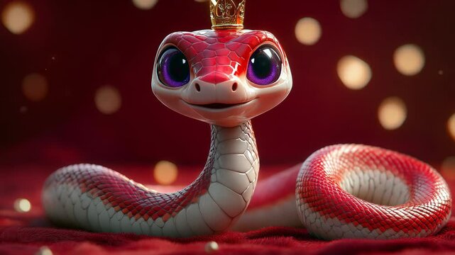A cute, red-and-white snake with big, purple eyes wearing a gold crown on a red background.