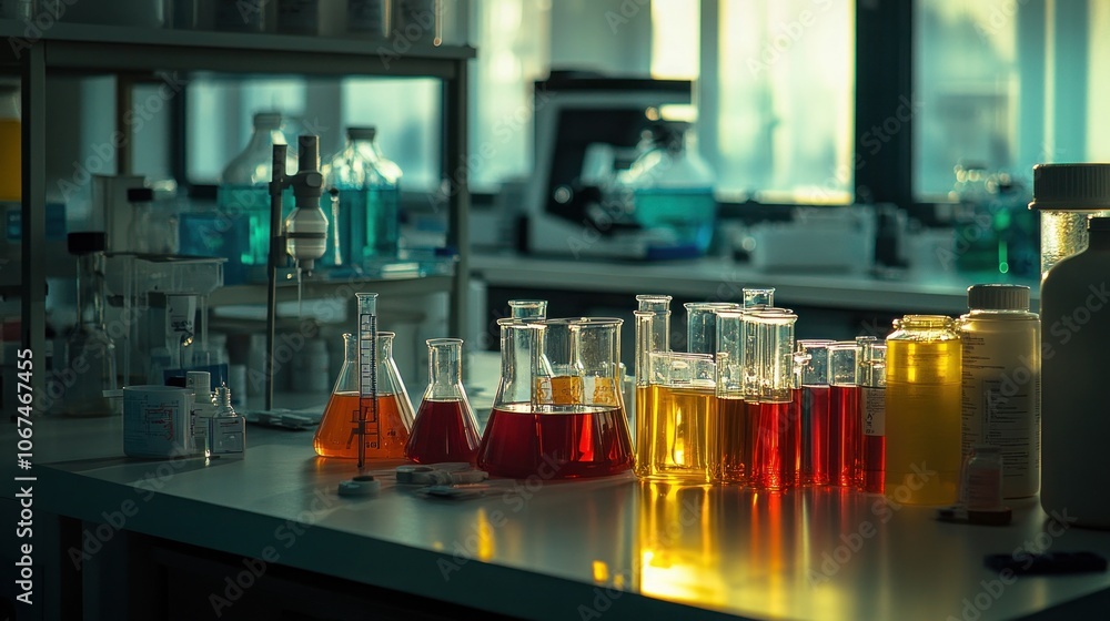 Poster a row of beakers with colorful liquids in a laboratory setting with sunlight shining through the win