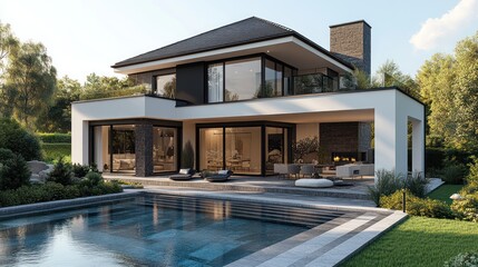 Fototapeta premium Modern luxury home with a swimming pool and lush green lawn.
