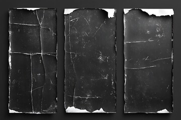 Old paper frame. Vintage photo edge poster with black torn. Retro overlay worn. Grainy scratches. Album damaged cover. Grunge textures. Rough distressed background. Vector banners set
