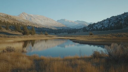A serene mountain lake reflecting the snow-capped peaks in the distance. The grass is brown and the water is still.