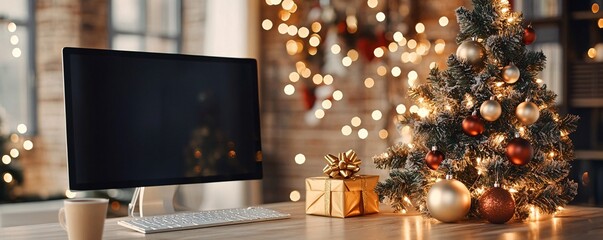 Christmas at work: decorated desk with computer and christmas tree