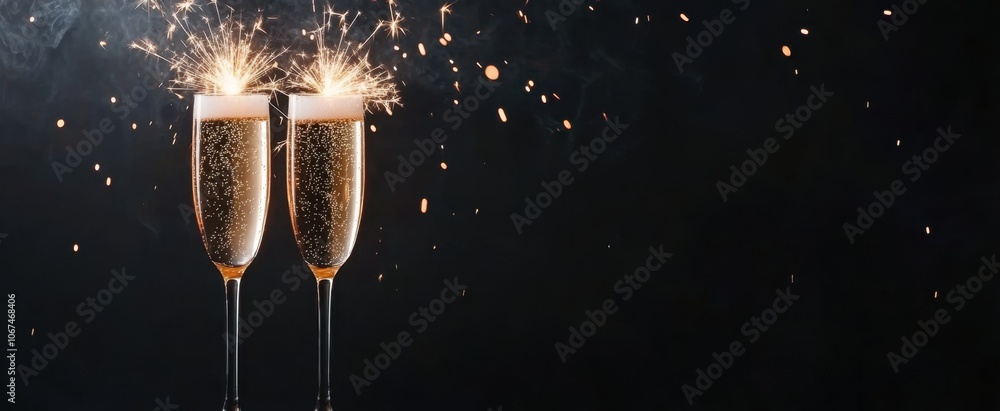 Poster new year's banner with champagne glasses and sparklers on a black background, with space for text ge