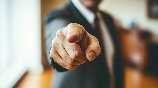 Businessman pointing directly at viewer in blurred background, assertive gesture. AI-generated