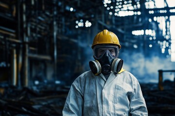 A person wearing a protective gas mask and helmet amid a smoky industrial setting.