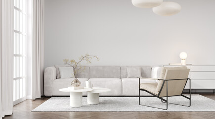 Modern light living room interior mockup with white sofa and armchair, 3d rendering