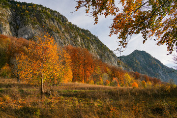 Fototapeta premium Scenic sunset autumn landscape in Mehedinti Mountains, Romania, Europe 