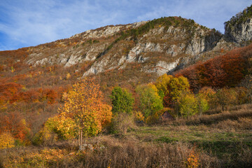 Scenic autumn landscape in Mehedinti Mountains, Carpathians, Romania, Europe. Fall alpine landscape in the mountains