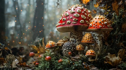 Fototapeta premium Close-up of fly agaric mushrooms in a mystical forest