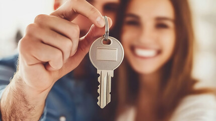 Close-up of couple holding new home key, symbolizing ownership and happiness. AI-generated