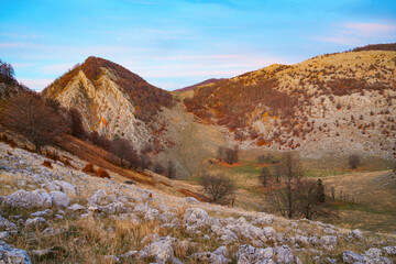 Scenic autumn landscape in Mehedinti Mountains, Carpathians, Romania, Europe. Fall alpine landscape in the mountains	