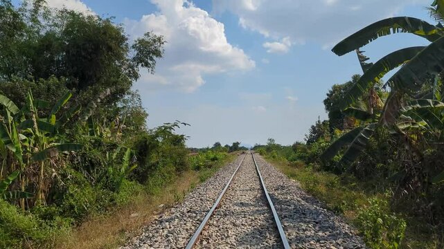 Riding the Bamboo Railway,a passenger&rsquo;s eye view,through rural Cambodia,Battambang Province,Cambodia,Southeast Asia.
