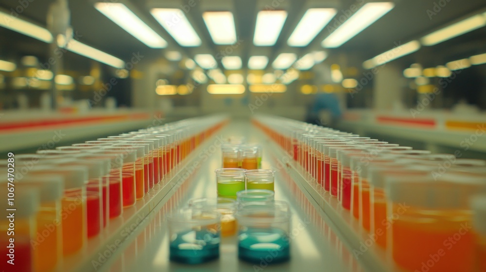 Poster rows of colorful liquid samples in a laboratory setting.
