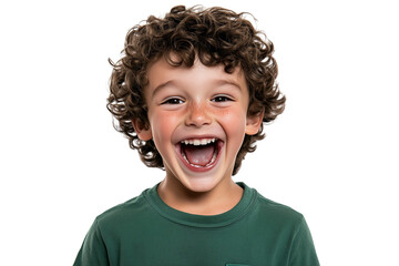 A young boy child with curly brown hair, wearing a green shirt and smiling widely with an open mouth, expressing joy and excitement on an isolated, transparent background