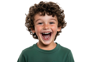 A young boy child with curly brown hair, wearing a green shirt and smiling widely with an open mouth, expressing joy and excitement on an isolated, transparent background
