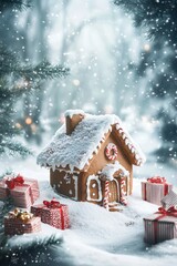 Gingerbread house covered in snow with christmas presents in a snowy forest