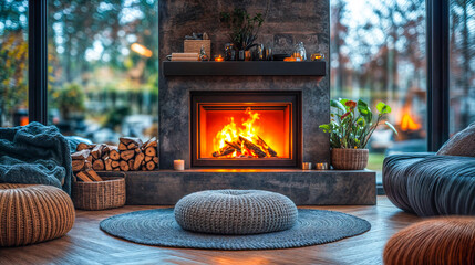 Vaste salon chaleureux avec un feu de chemin&eacute;e