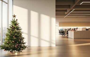 A modern office interior with a Christmas tree decorated with lights and gifts, featuring a minimalistic design. modern design with wooden desks and metal chairs, capturing the holiday spirit 