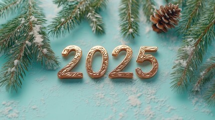 Golden volumetric numbers 2025 in the center on a pale green background with spruce branches