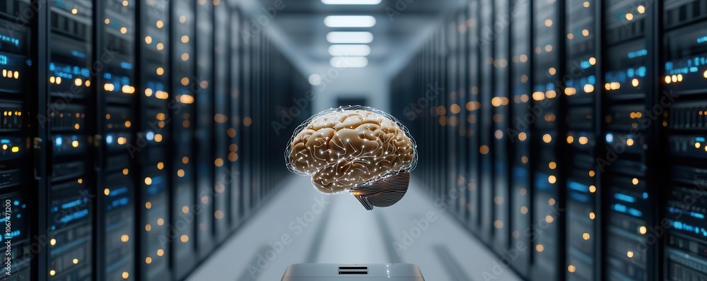 Poster a digital brain hovers in a server room, symbolizing the fusion of artificial intelligence and techn