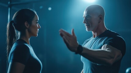 Personal trainer guiding client, royalty-free, ideal for fitness branding and commercial advertising