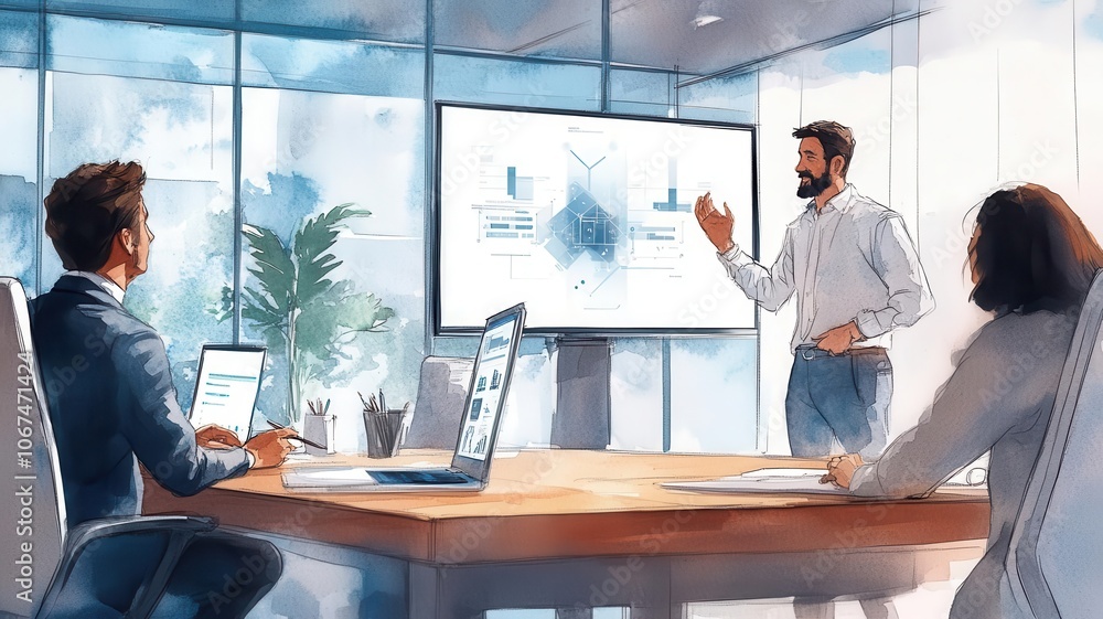 Poster a professional meeting in a bright office featuring a presenter discussing data on a screen with eng