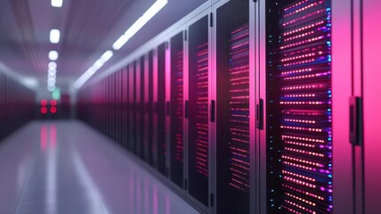 Fototapeta premium A modern data center corridor illuminated with pink LED lights, showcasing rows of servers in a sleek, high-tech environment.