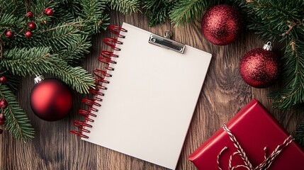 Christmas decoration with blank notepad, fir branches and gift box on wooden table