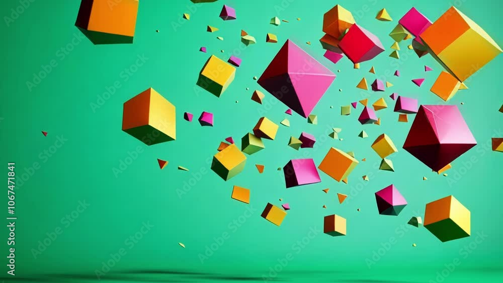 Aufkleber mesmerizing 3d animation with vibrant geometric shapes falling on green screen. ideal for video edit