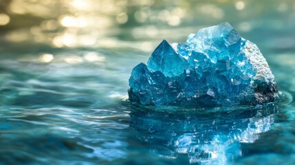 Obraz premium Blue crystal cluster emerging from a shimmering water surface with soft, golden light reflections in the background, creating a serene and mystical atmosphere