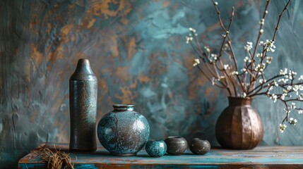 Decorative ceramic vases with floral branches on rustic table
