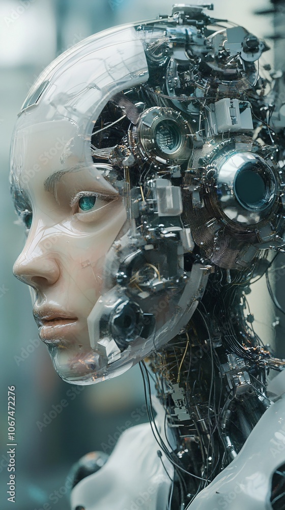 Leinwandbilder futuristic gynoid showing complex internal mechanisms and transparent skull