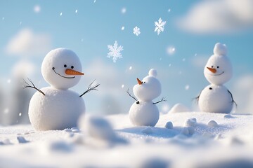 Two Cheerful snowmen in a red caps. Watercolor hand drawn illustration isolated on white background
