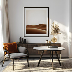 Frame mockup, ISO A paper size. Living room wall poster mockup. Interior mockup with house background. Modern interior design. 3D render