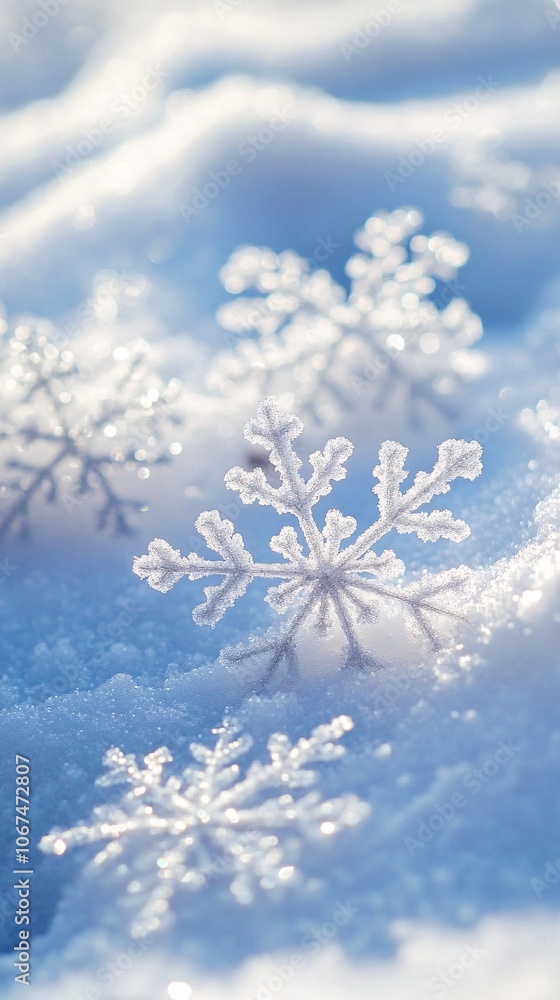 Poster snowflakes resting on snow creating winter wonderland scene