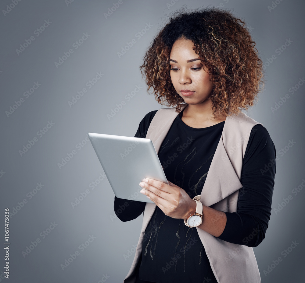 Poster Studio, business and woman on tablet for search, connection and networking on website. Scroll, reading and businesswoman with digital app for online schedule, agenda or planning on grey background