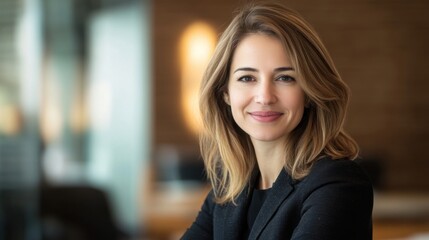 Obraz premium Professional woman in business attire, working on a project, looking directly at the camera with a warm smile in a modern office