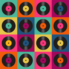 Seamless pattern print wallpaper with vinyl record discs music illustration vector retro style 60s, 70s, 80s, design art background for paper, textile, pack etc. 