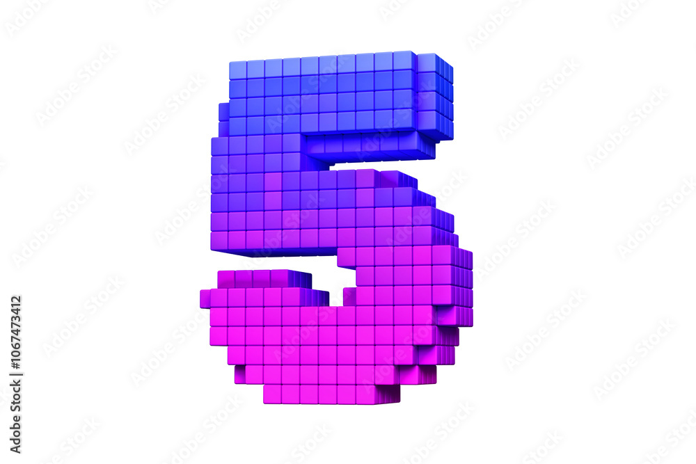 Poster pixel lettering 3d digit number 5 in pink and purple color scheme. high quality 3d rendering.