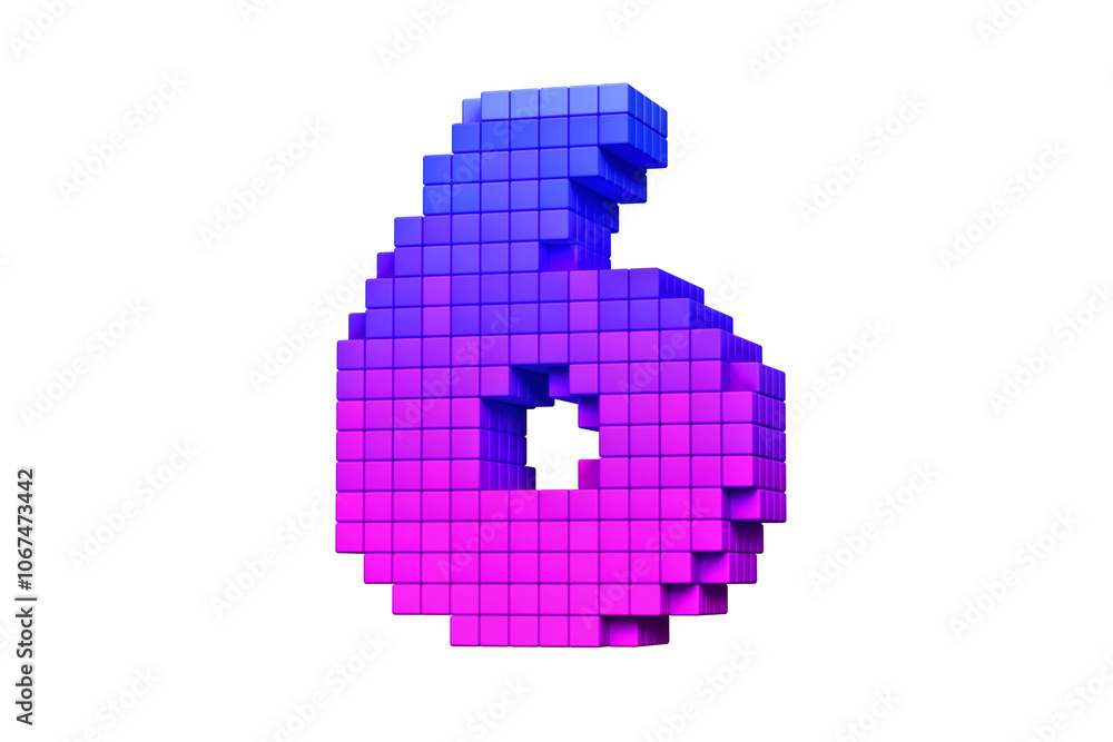 Poster digital typeface pixel art style digit number 6 in purple and magenta. high definition 3d rendering.