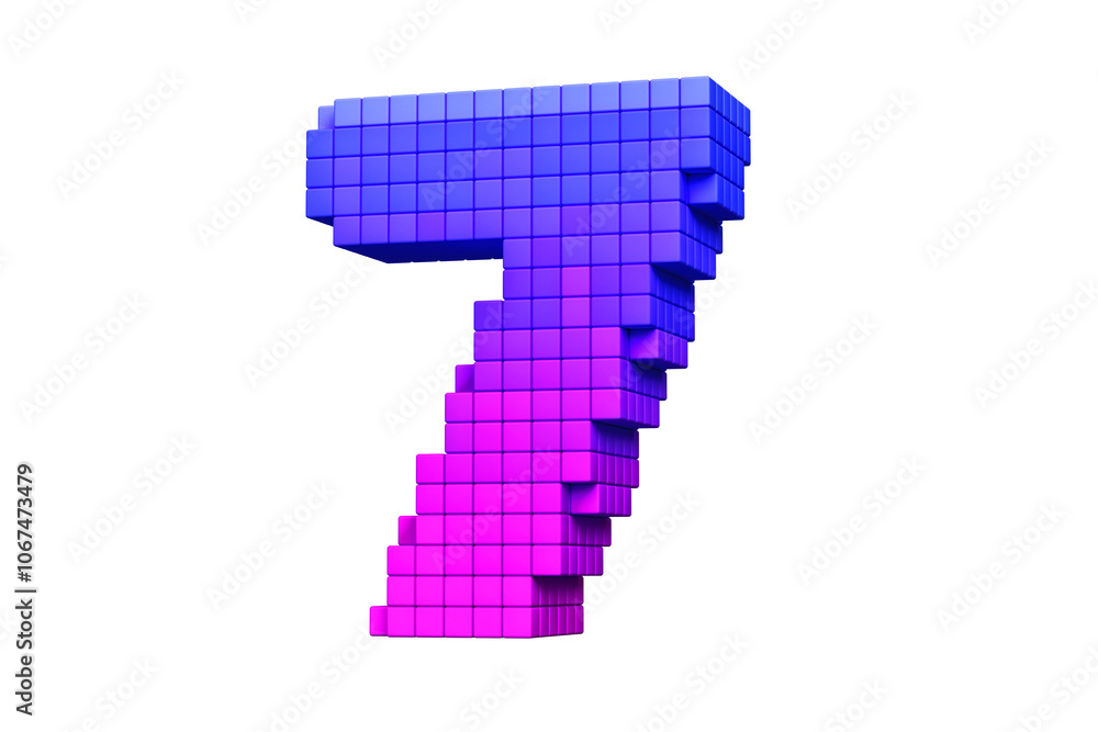 Aufkleber pixel art 3d typeface digit number 7 in pink and purple color composition. high quality 3d rendering