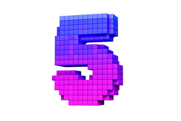 Pixel lettering 3D digit number 5 in pink and purple color scheme. High quality 3D rendering.