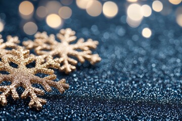 Golden Snowflakes Against a Glittering Bokeh Dark Blue Sky