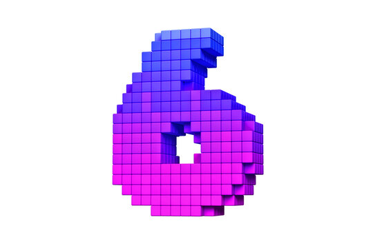 Digital typeface pixel art style digit number 6 in purple and magenta. High definition 3D rendering.