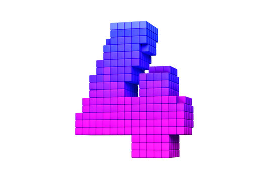 Digital lettering 3D pixel art digit number 4 in pink and purple. High definition 3D rendering.