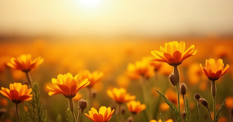A field of autumn flowers serves as a vibrant backdrop