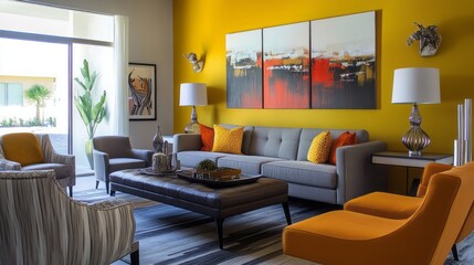 Fototapeta premium Modern Living Room with Yellow Walls, Abstract Art, and Comfortable Seating