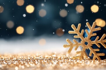 Fototapeta premium Close-Up of a Blue Christmas Ball with a Gold Snowflake under Bokeh Night Sky