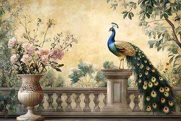 Modern abstract art. Watercolor floral illustration. Golden elements, watercolor painting, children's wallpaper. Hand drawn plants. Tropical rainforest, peacocks, leaves. Prints, wallpapers, posters
